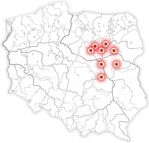 Poglądowa mapa rzek i jezior w Polsce z zaznaczonymi posterunkami PSR